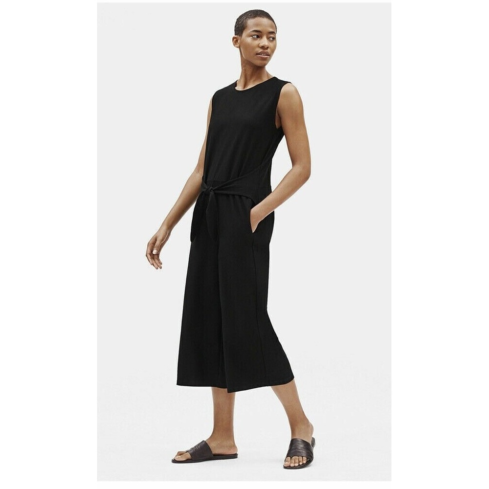 Eileen Fisher Lightweight Washable Stretch Crepe Jumpsuit with Tie, Black, Large